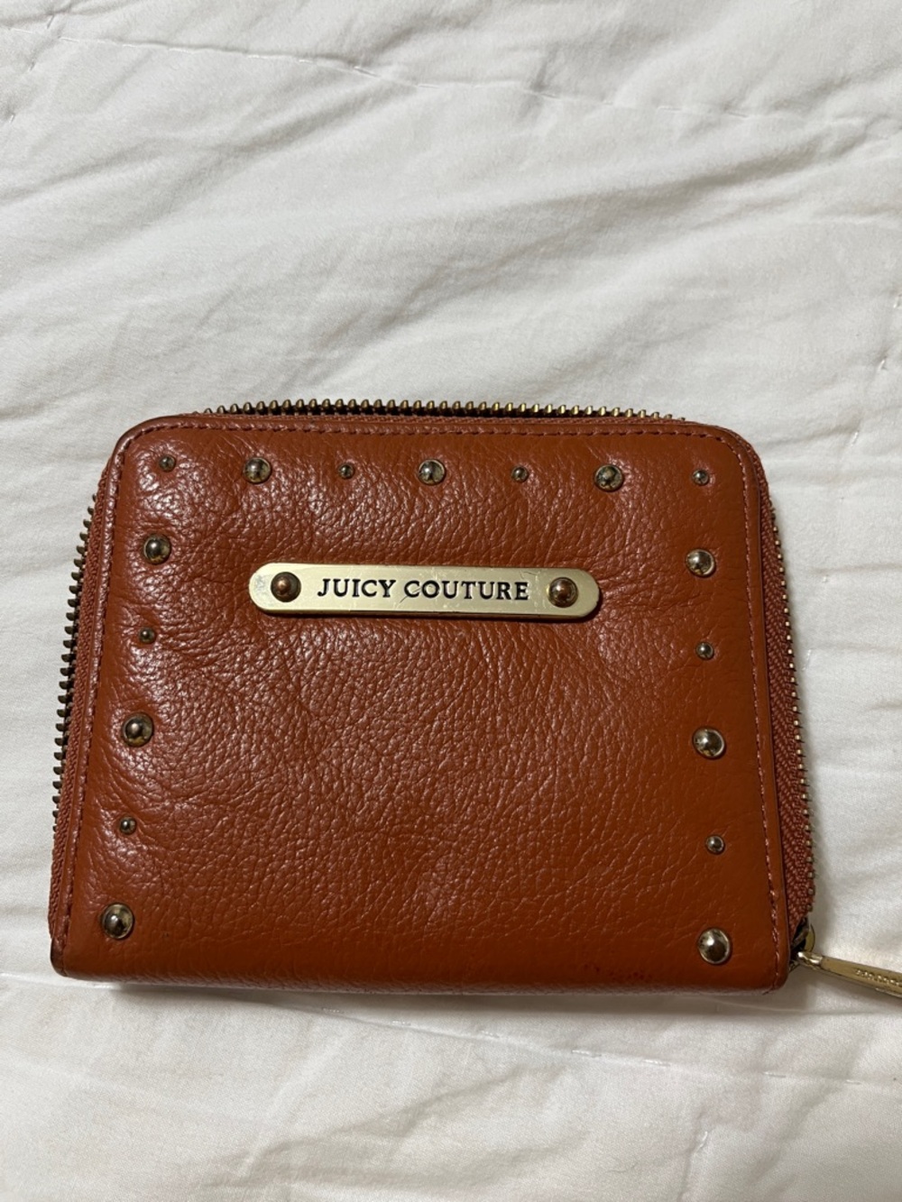 Juicy Couture Chestnut Brown Leather Zip-Around Wallet with Studs